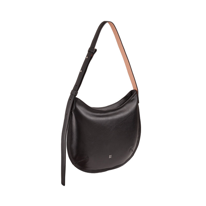 Black leather shoulder bag with adjustable strap and sleek design