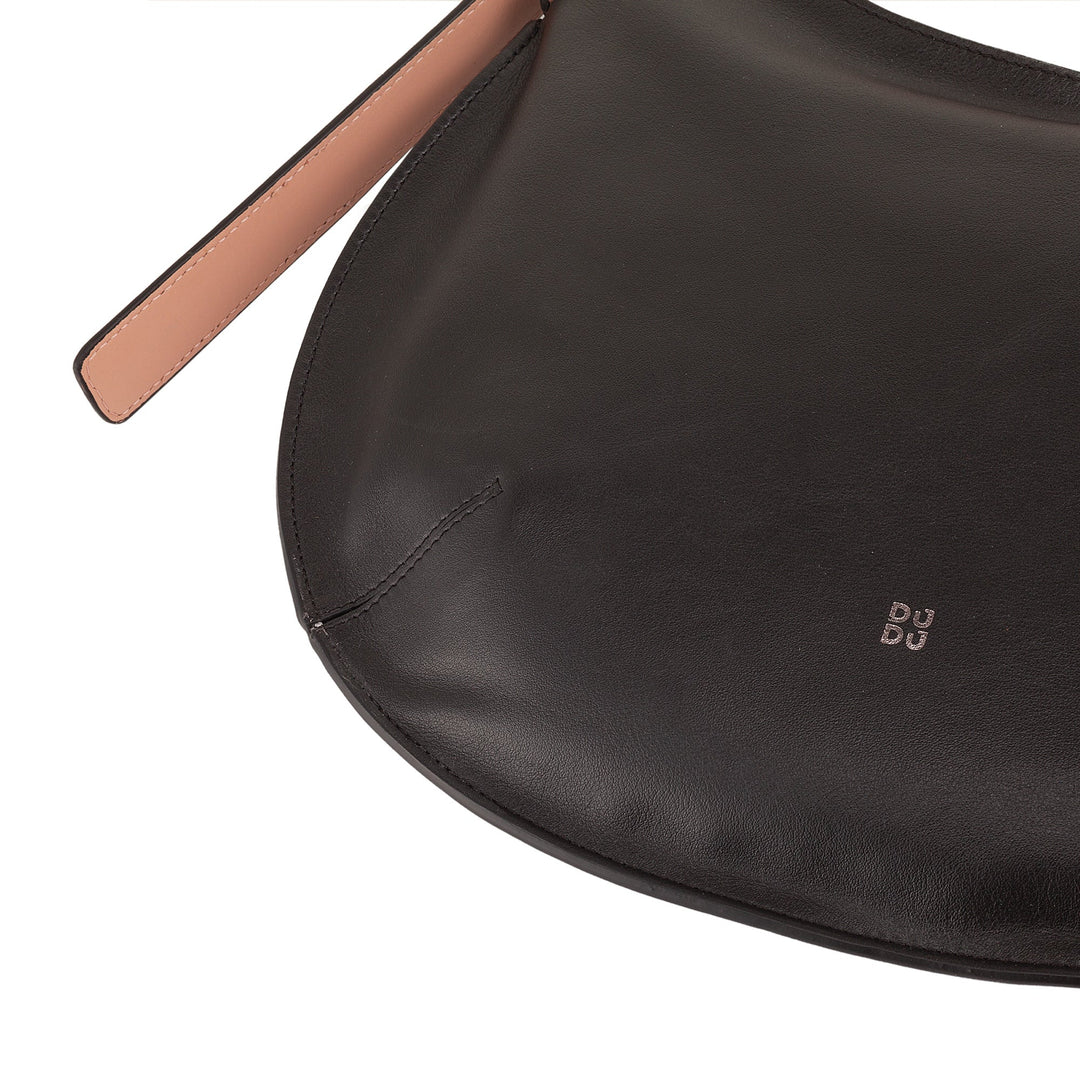 Black leather handbag with minimalist design and subtle branding