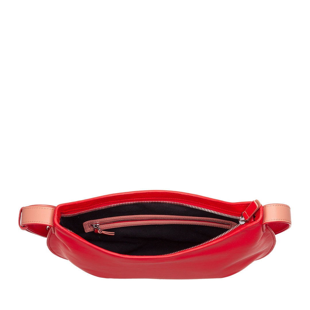 Red leather crossbody bag with open top view showing interior compartments and zipper pocket