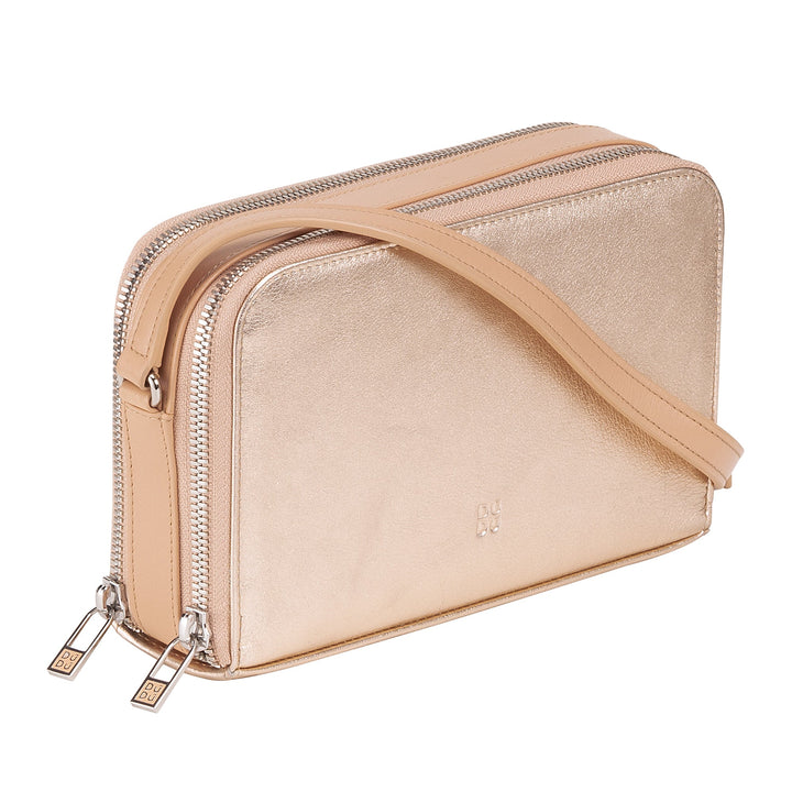 Champagne gold double zip leather crossbody bag with shoulder strap