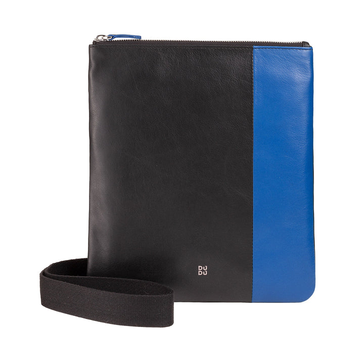 Black and blue leather tablet sleeve with zipper and wrist strap