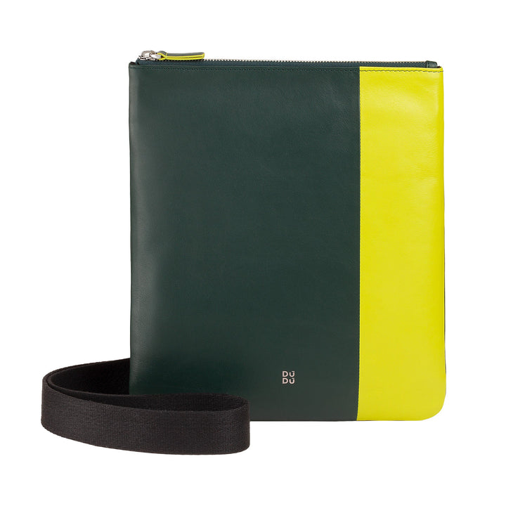 Stylish green and yellow leather shoulder bag with black strap