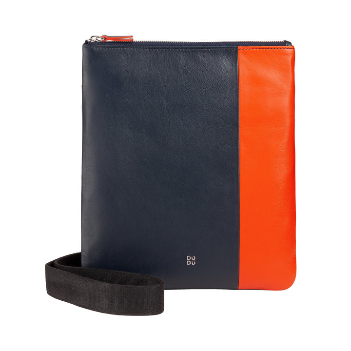 Navy and orange leather shoulder bag with black strap