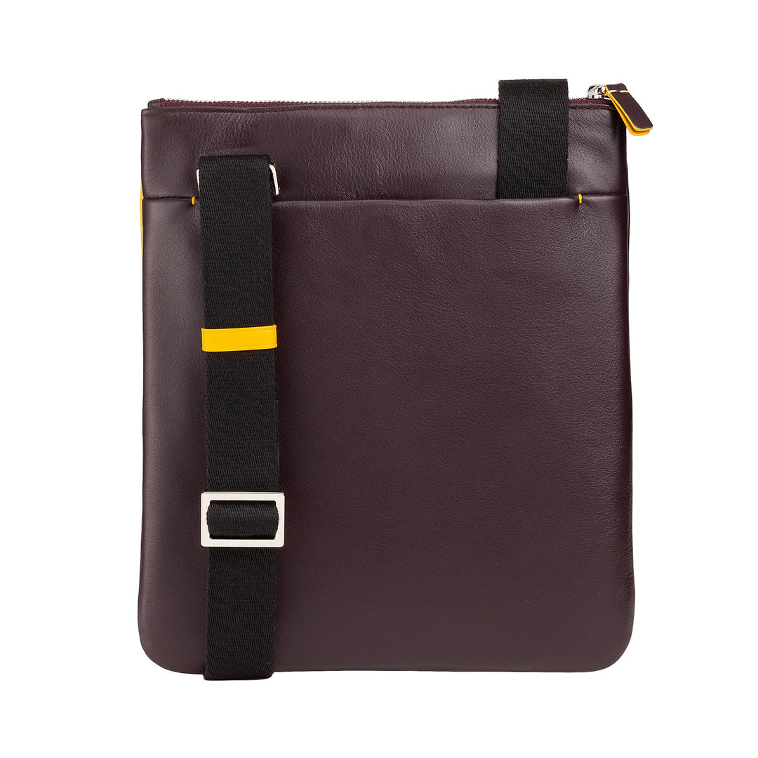 Brown leather crossbody bag with black adjustable strap and yellow accents