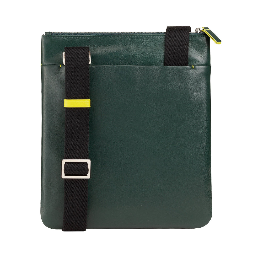 Green leather shoulder bag with black adjustable strap and yellow accents