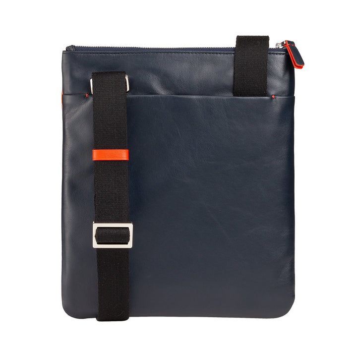 Navy blue leather crossbody bag with adjustable black strap and red accents