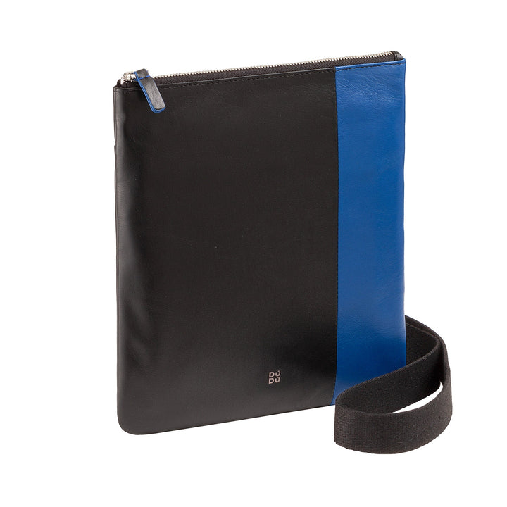 Black and blue leather tablet shoulder bag with zip closure and adjustable strap