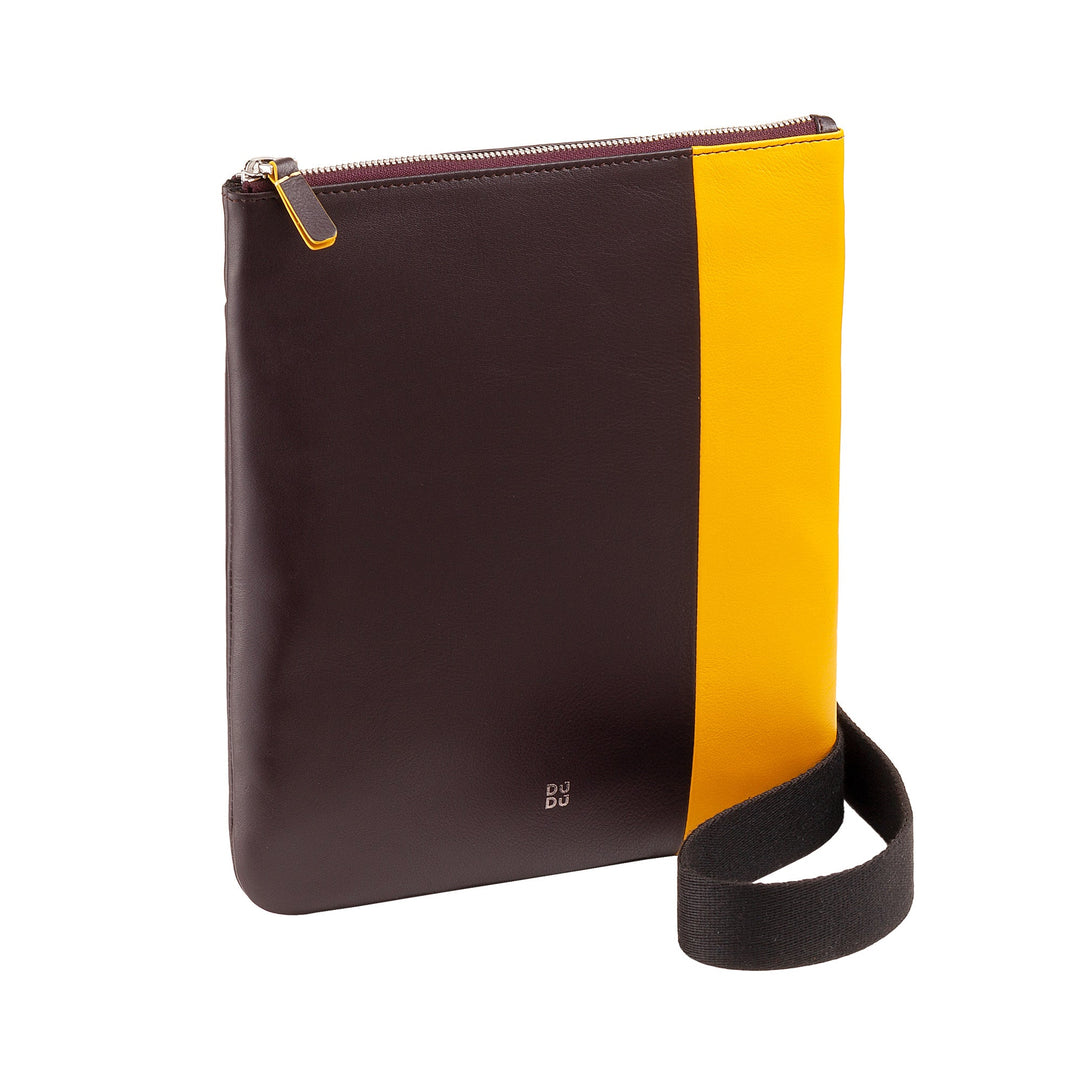 Brown and yellow leather crossbody bag with a black strap and zipper closure