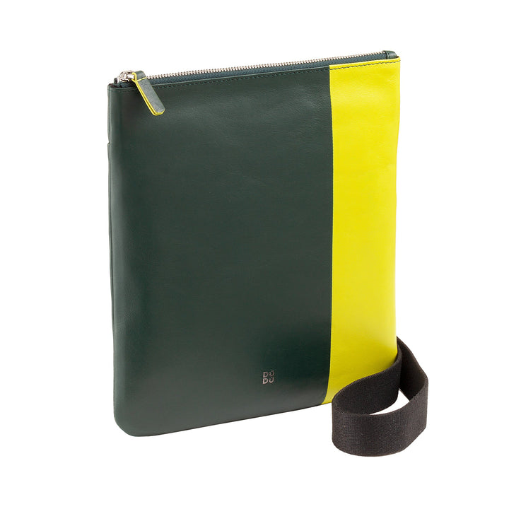 Green and yellow leather shoulder bag with zipper and black strap