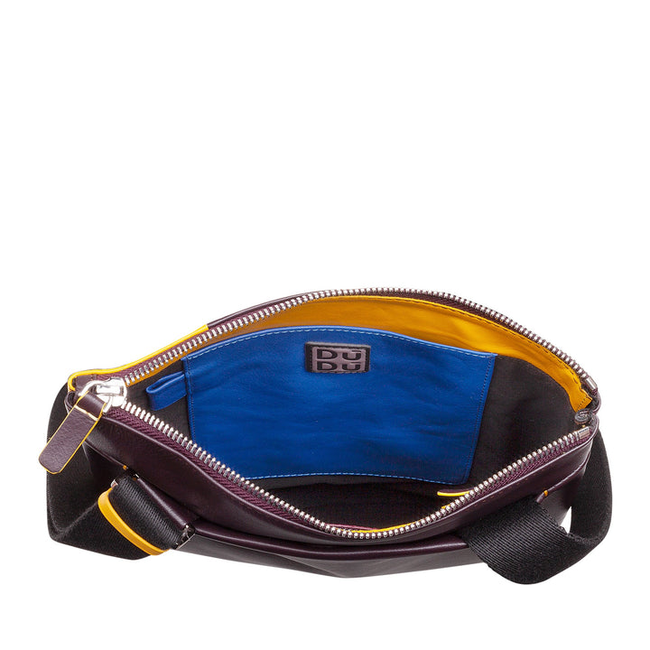 Open crossbody bag with visible blue and yellow interior compartments