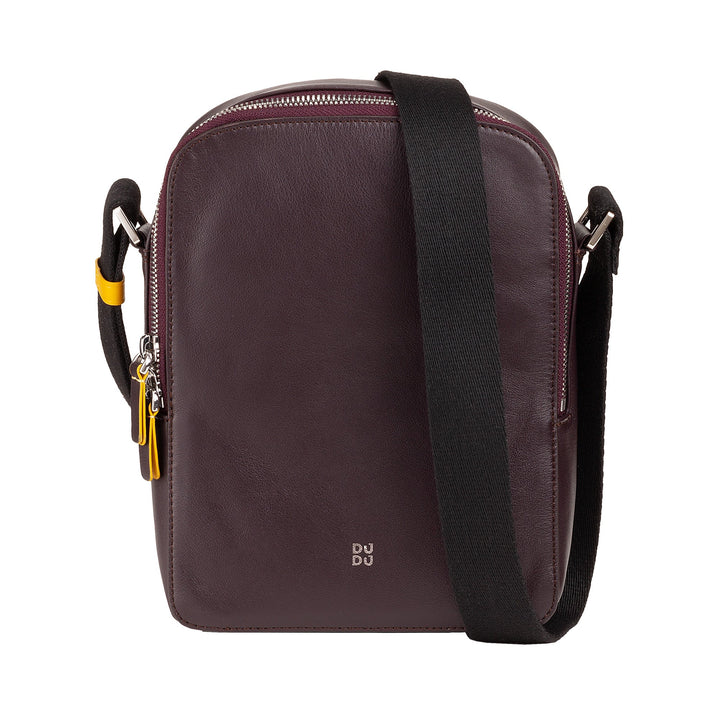 Maroon leather crossbody bag with black strap and zipper