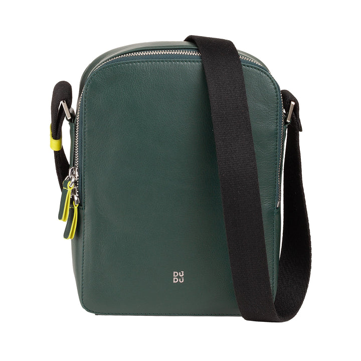 Green leather crossbody bag with black strap and zipper closure