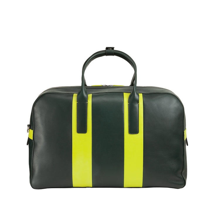 Dark green leather duffle bag with neon yellow stripes