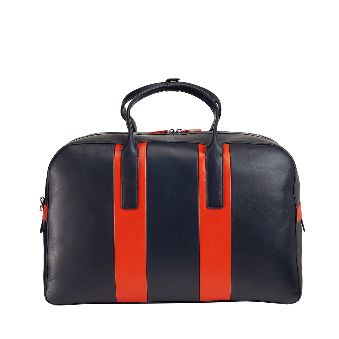 Stylish black leather travel bag with red stripe accents