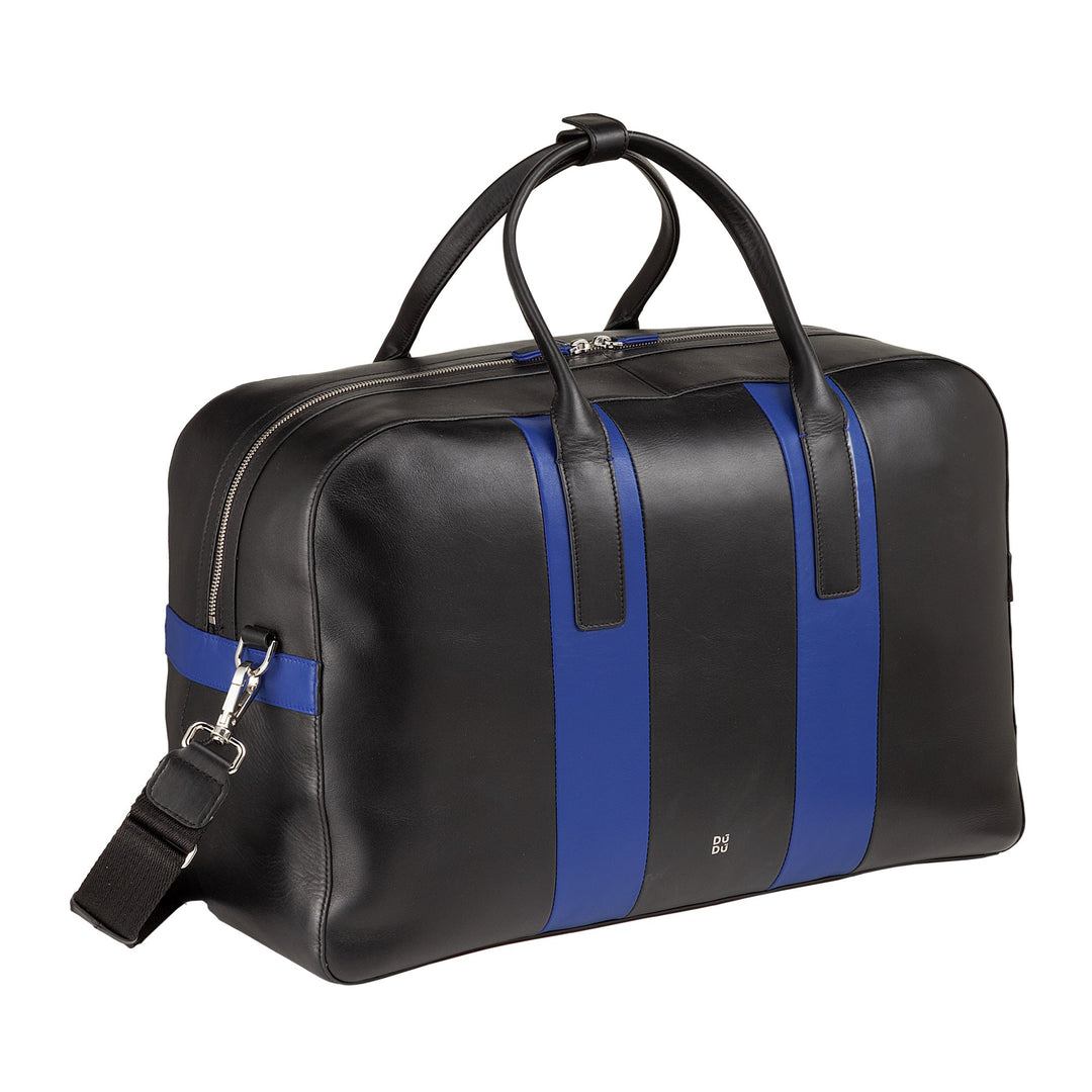 Black leather duffel bag with blue stripes and shoulder strap