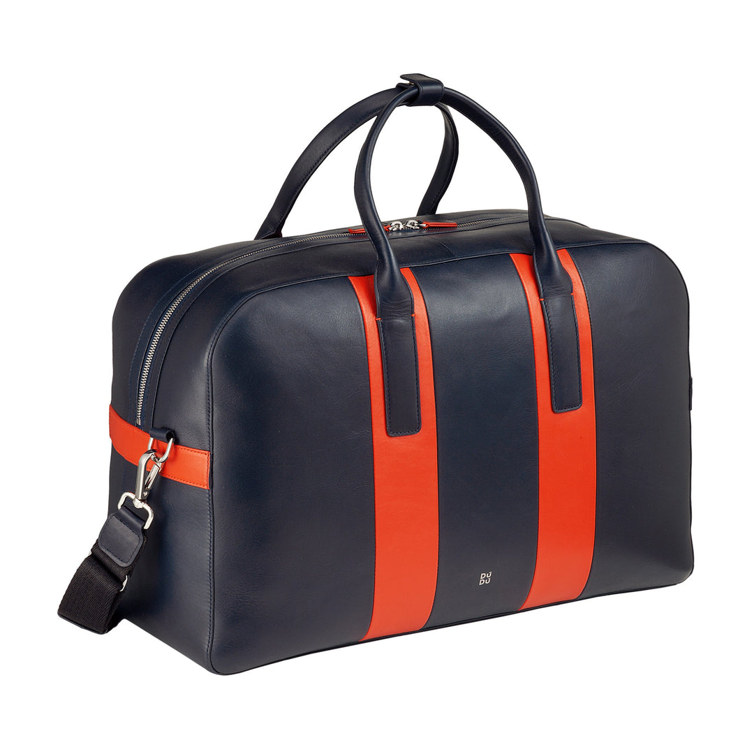 Navy blue leather duffle bag with red stripes and shoulder strap