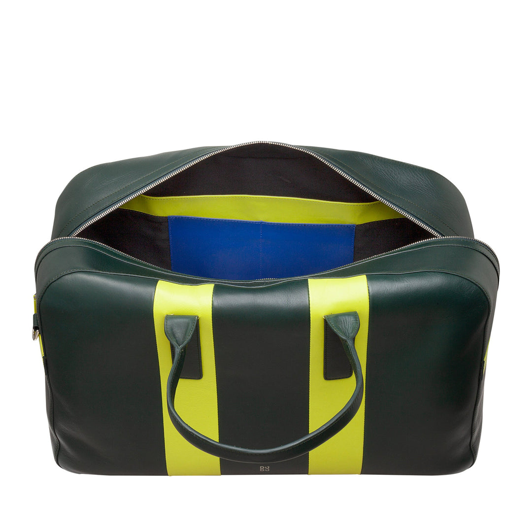 Green and yellow leather duffel bag with open top revealing blue interior lining