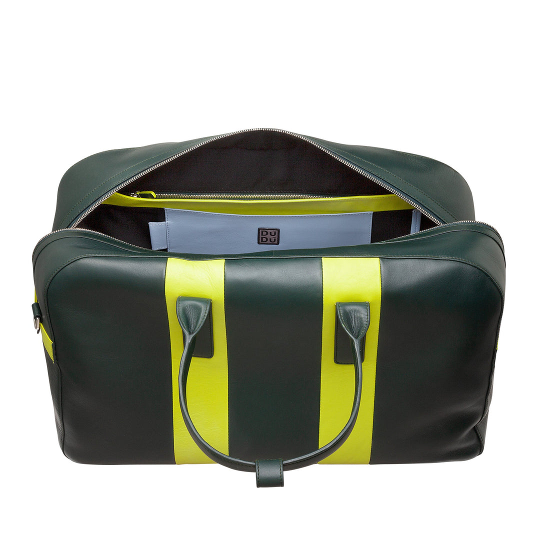 Green and yellow striped leather duffle bag with open zipper showing interior pockets