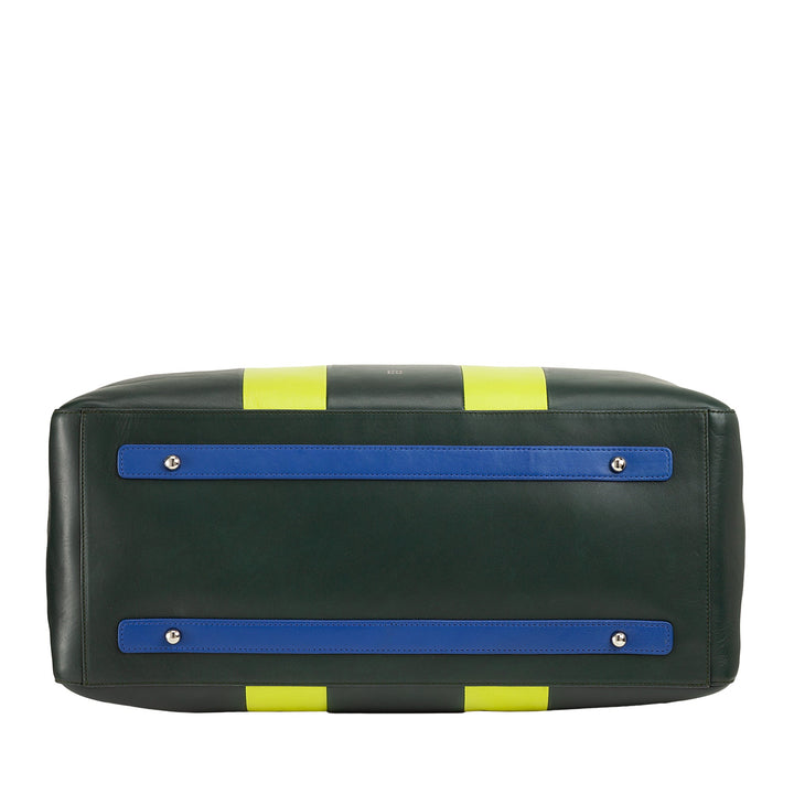 Bottom view of a stylish, two-tone shoulder bag with blue accents and hardware details