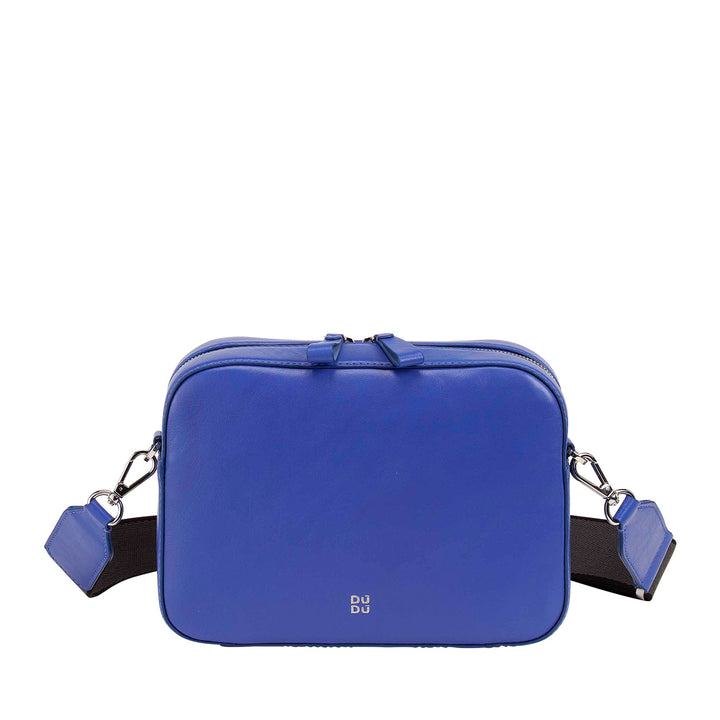 Blue rectangular leather crossbody bag with black adjustable strap and silver hardware