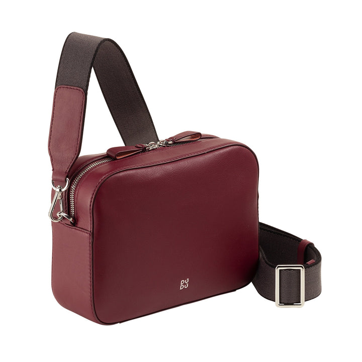 Maroon leather crossbody bag with adjustable strap and zipper closure