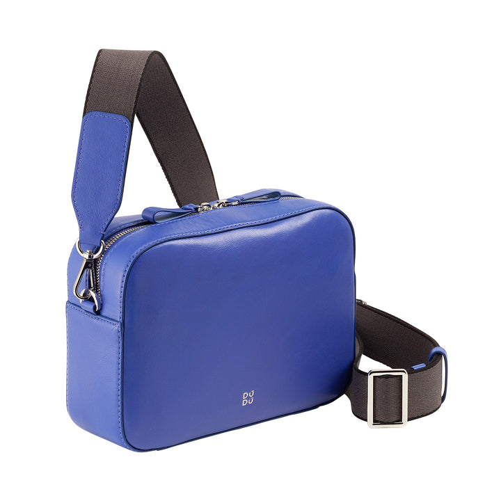 Blue leather crossbody bag with black strap and zip closure