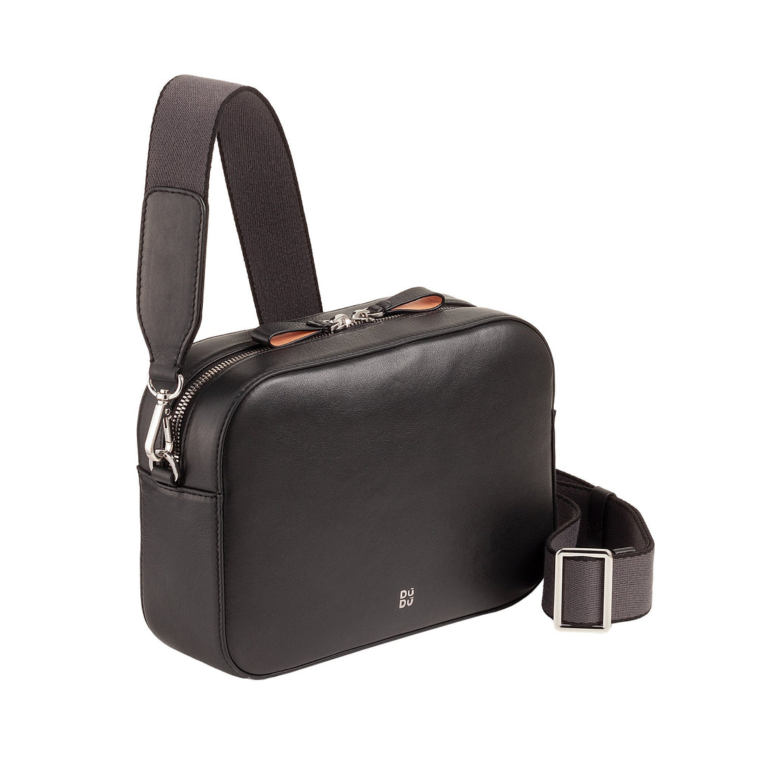 Black leather crossbody bag with adjustable strap and silver zipper