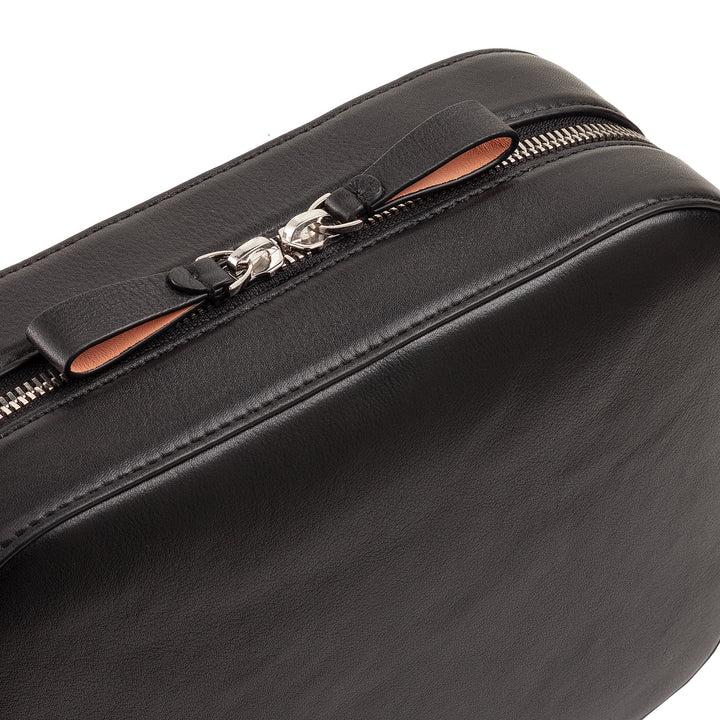 Close-up of a black leather zippered bag with metal clasp