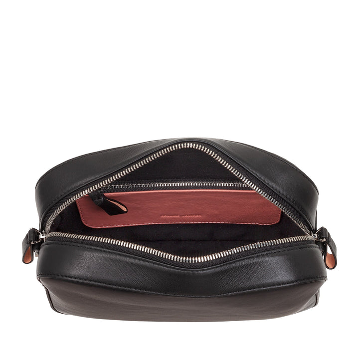 Open black leather handbag with visible brown interior and zipper dÃ©tails