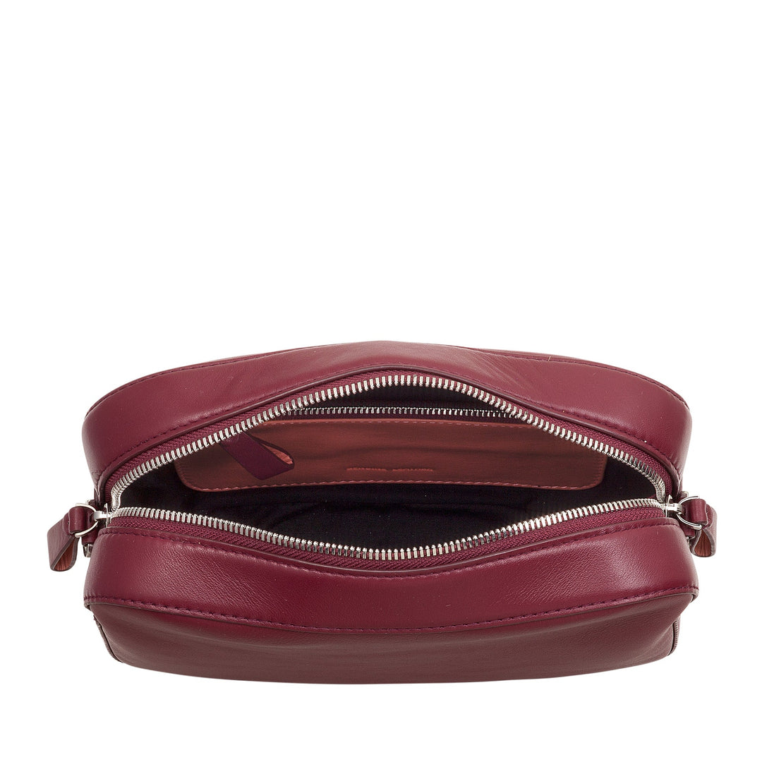 Open maroon leather crossbody bag showing interior compartments