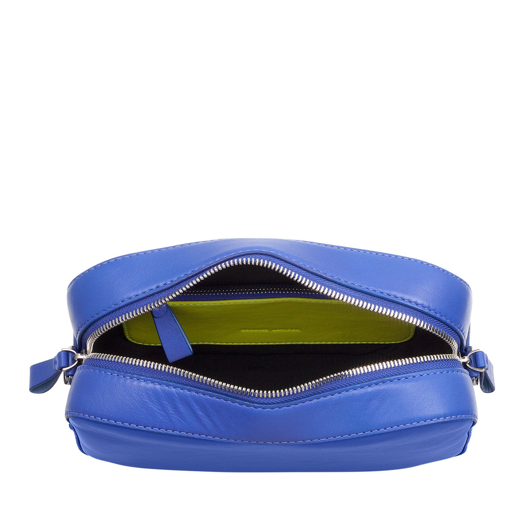 Blue leather handbag with zippered compartments and green interior lining