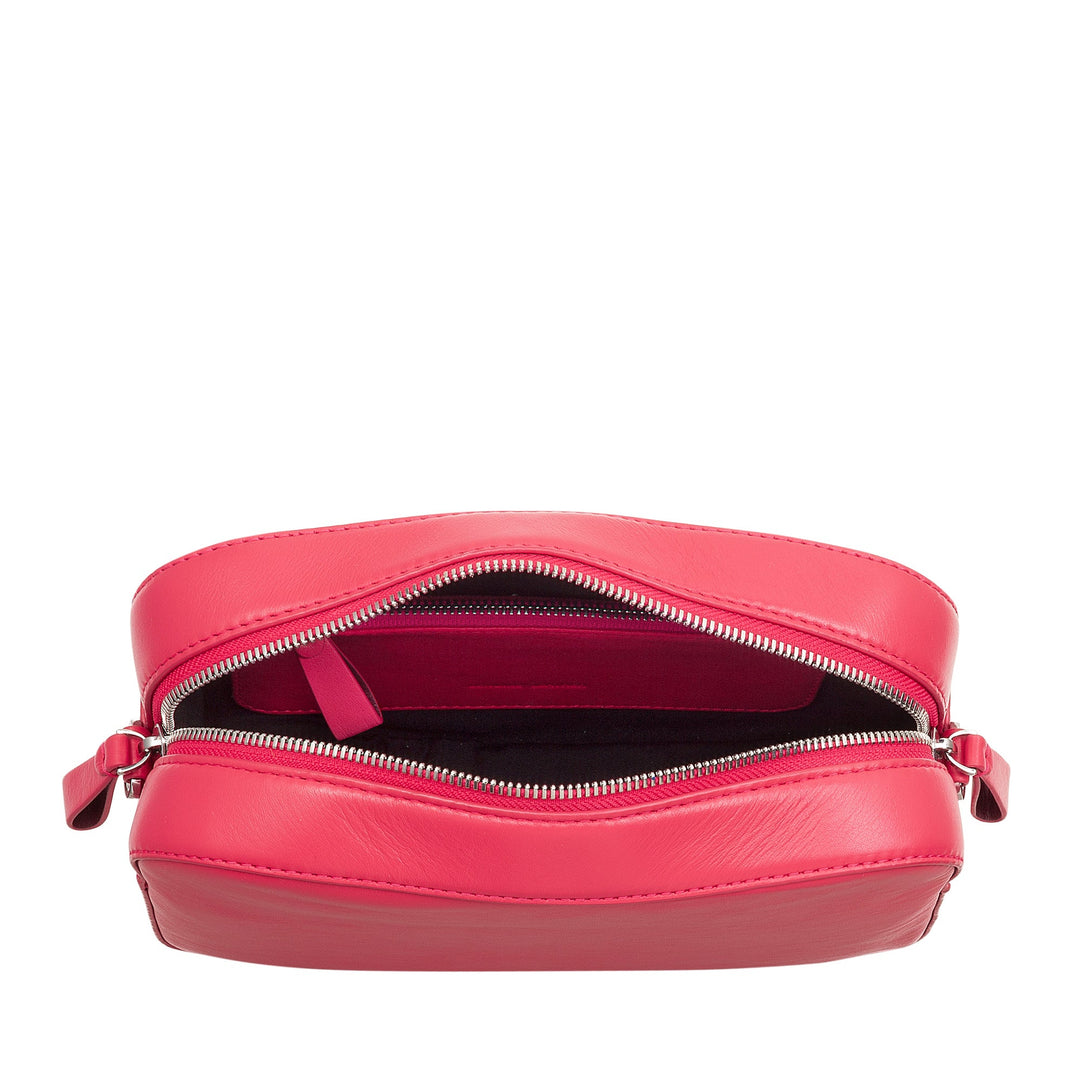 Open pink leather handbag with a zipper showing the inside compartment and pockets