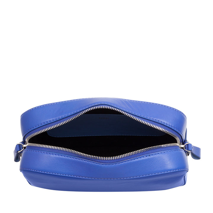 Blue leather handbag with open zipper showing interior compartment