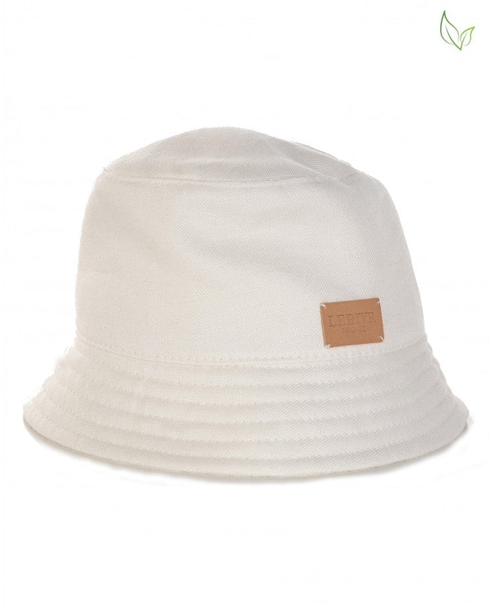 White bucket hat with leather tag and leaf logo in corner
