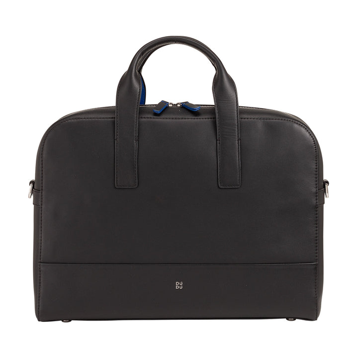 Black leather briefcase with handles and zipper closure