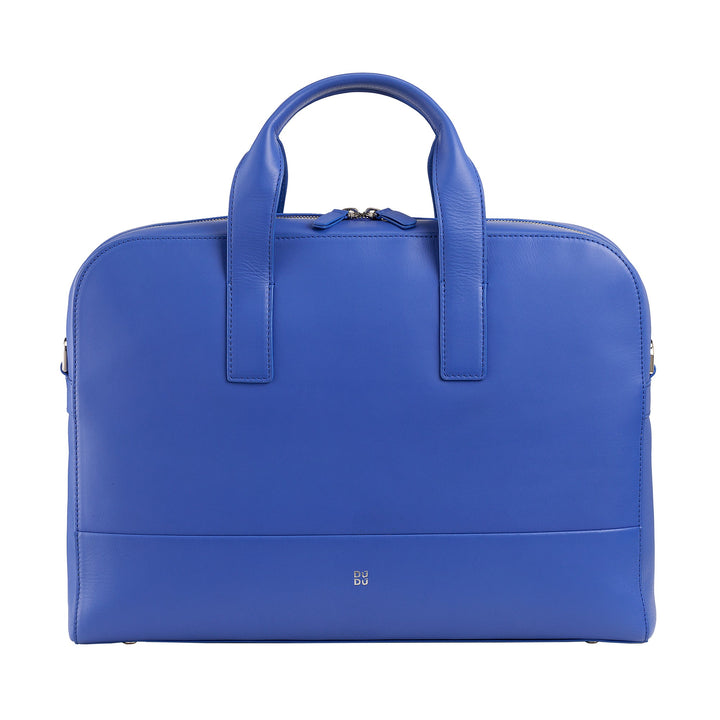 Blue leather briefcase with handles and zipper closure