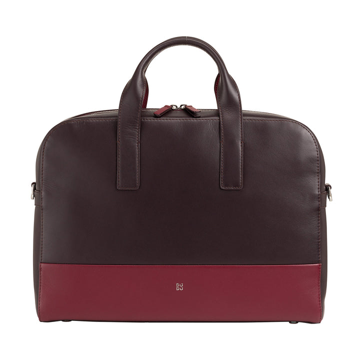 Brown and burgundy leather briefcase with handles and zipper closure