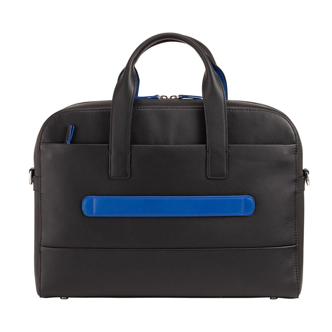 Stylish black leather briefcase with blue accents, front view