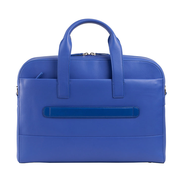 Blue leather laptop bag with handles and front pocket