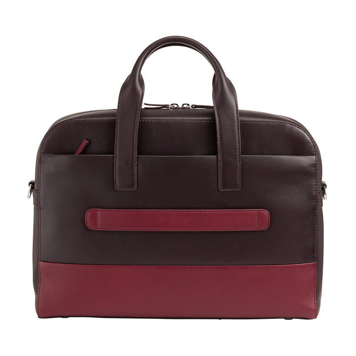 Dark brown and maroon leather business briefcase with handles and front pocket