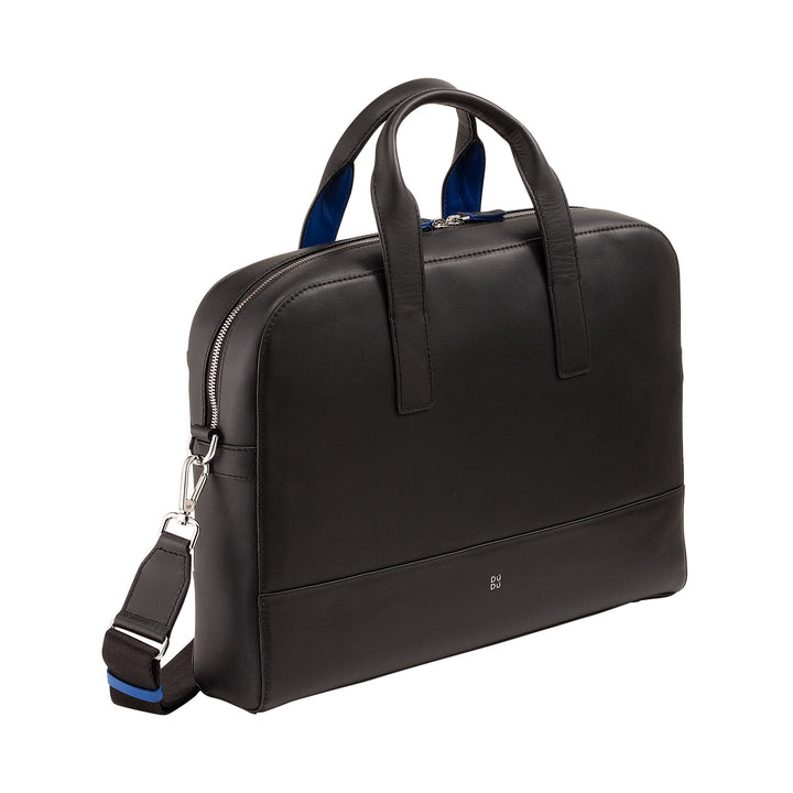 Black leather laptop briefcase with shoulder strap and dual handles