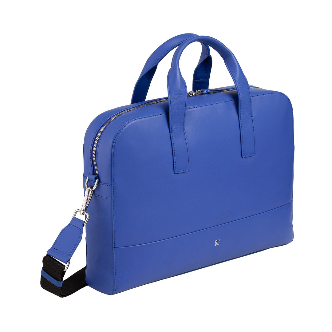 Blue leather laptop bag with black shoulder strap and silver zipper