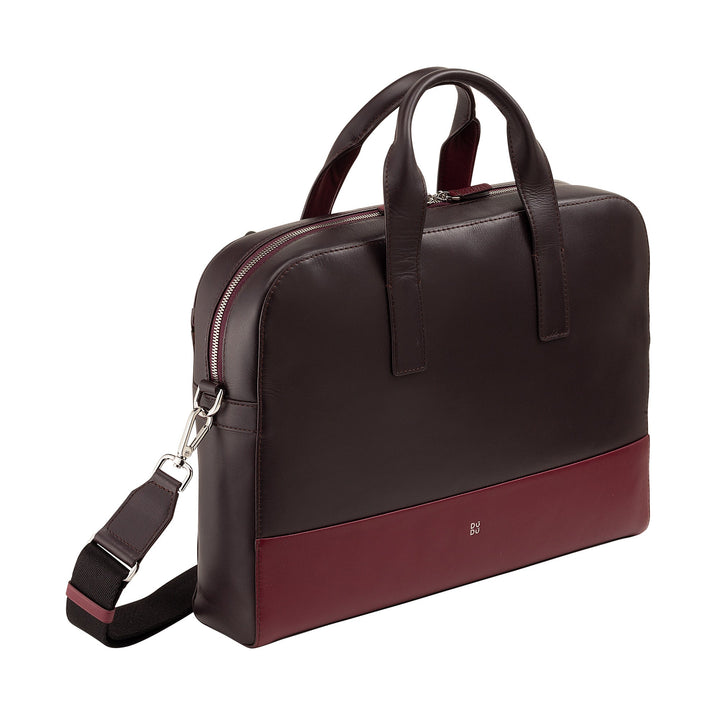 Elegant brown and maroon leather briefcase with shoulder strap