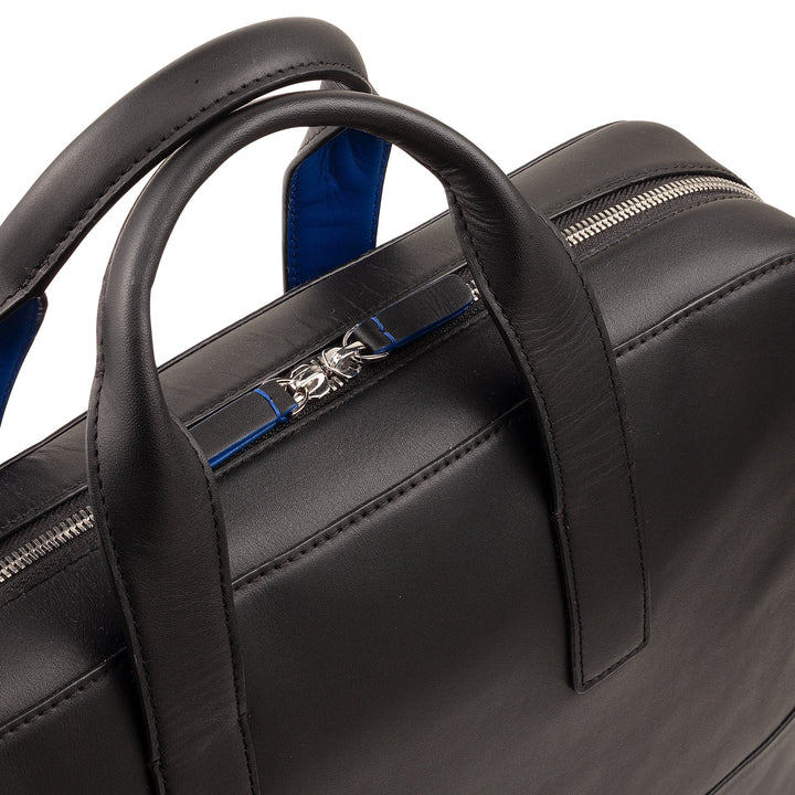 Black leather briefcase with silver zipper and handle straps