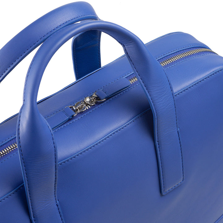 Blue leather briefcase with top handles and a zip closure