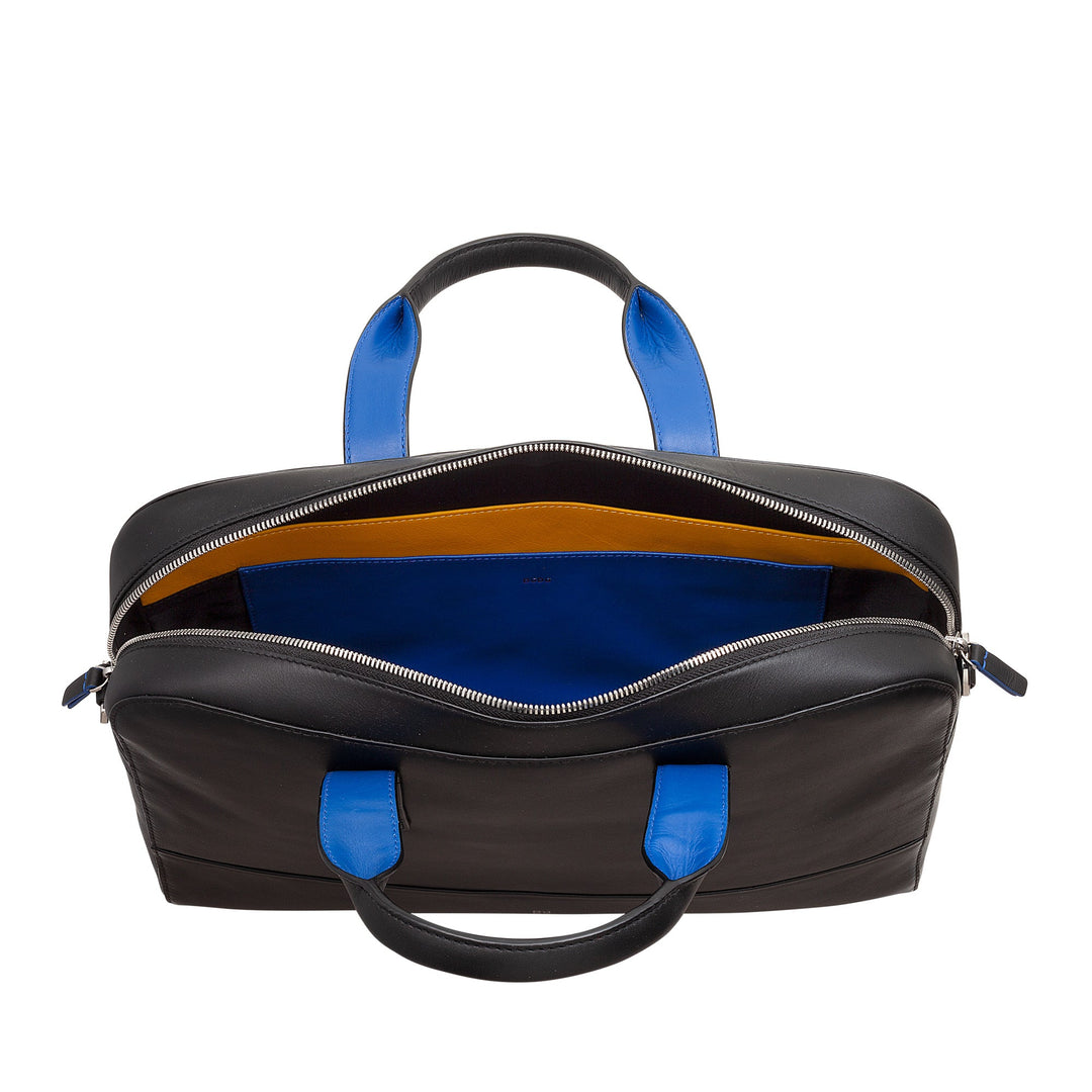 Black leather handbag with blue accents and an open zipper displaying an orange and blue interior