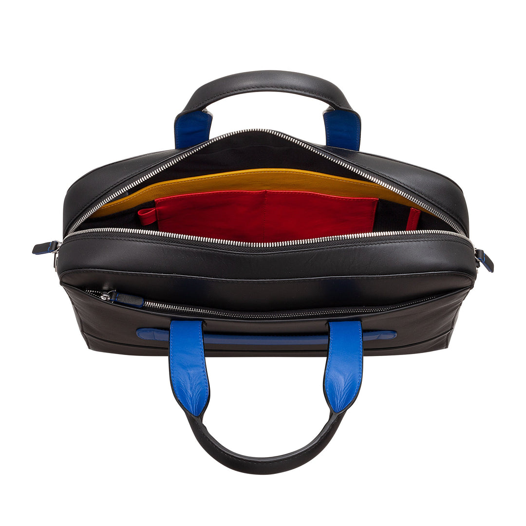 Black leather briefcase with blue handles and visible red and yellow internal compartments