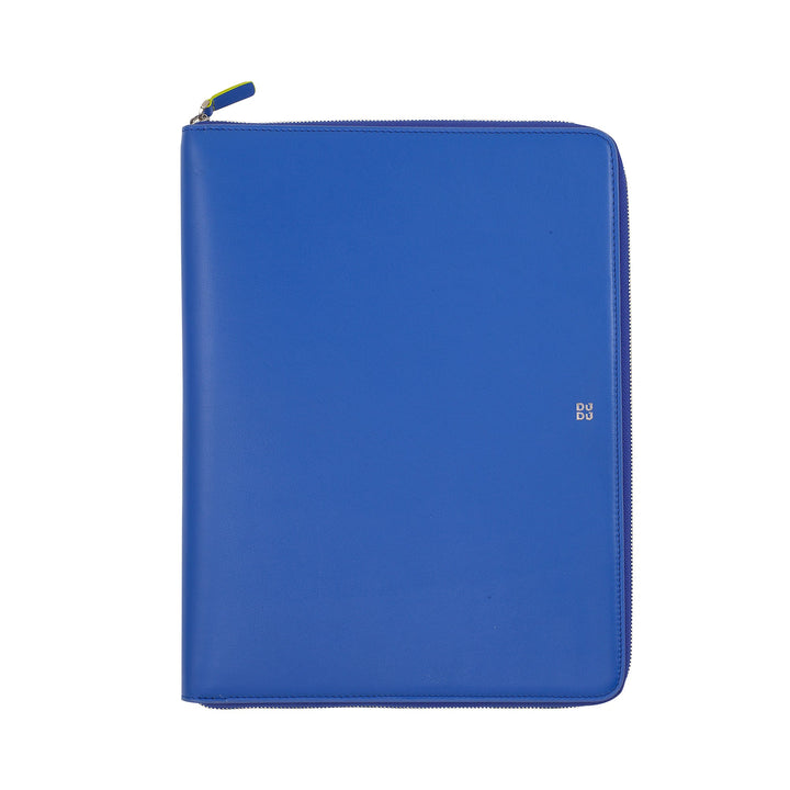 Bright blue leather zipped portfolio folder with minimalist design and Du Du logo