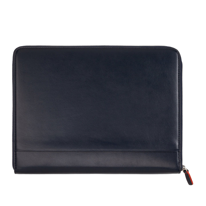 Navy blue leather laptop sleeve with zipper closure on white background