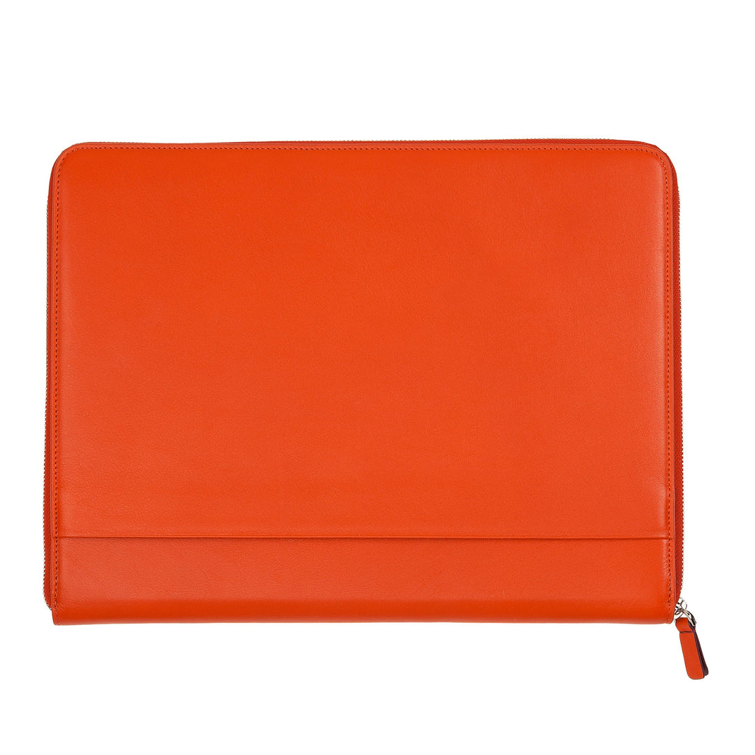 Bright orange leather zipped laptop sleeve on white background